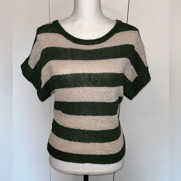 WD.NY green/tan striped short-sleeve knit top size small - Picture 1 of 7